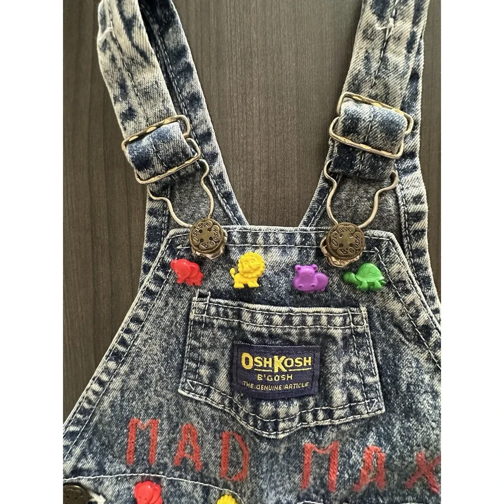 Vintage OshKosh B'gosh Acid Wash Shortalls 18 Month Mad Max‎ Studded Denim Retro
